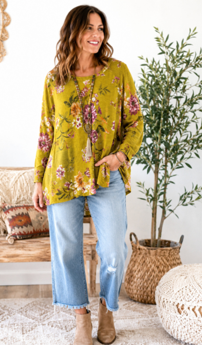 Loft Women’s Large Mustard sweater lightweight top bohemian romantic floral NWT